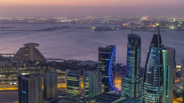 Skyline West Bay Oblasti Shora Dauhá Noc Den Přechodu Timelapse — Stock fotografie