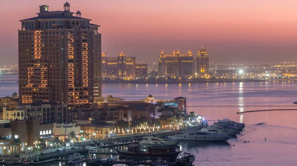 Noite Pearl Qatar Dia Noite Timelapse Cima Uma Ilha Artificial — Fotografia de Stock