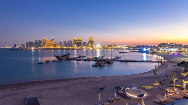 Widok Katara Beach Dzień Nocy Przejście Timelapse Zachodzie Słońca Doha — Zdjęcie stockowe