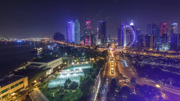 Скайлайн Території Вест Бей Зверху Doha Timelapse Катар Освітлені Сучасні — стокове фото