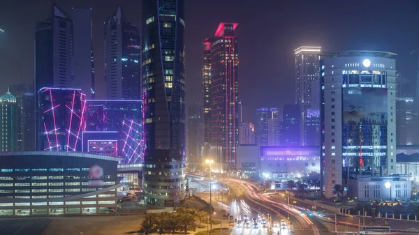 Panorama West Bay Vrcholu Dauhá Timelapse Katar Osvětlené Moderní Mrakodrapy — Stock fotografie