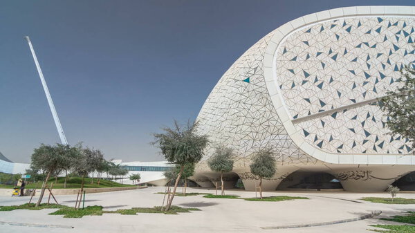 DOHA, QATAR - CIRCA JAN 2018: View of the Education City Complex timelapse hyperlapse launched by the Qatar Foundation in Doha. Faculty of Islamic Studies and mosque. It includes several western universities