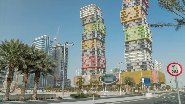 Doha Skyline Timelapse Colorful Marina Twin Towers Building Located Lusail — Stock Photo, Image