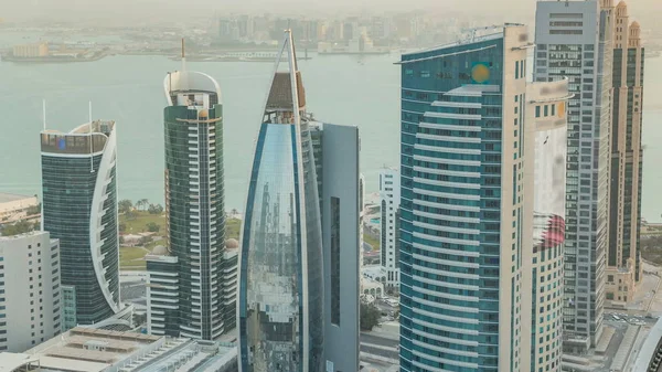 Skyscrapers Sunset Timelapse Skyline Commercial Center Doha Capital Qatar Aerial — Stock Photo, Image