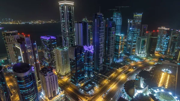 Horizonte Zona West Bay Desde Arriba Doha Timelapse Qatar Iluminado —  Fotos de Stock