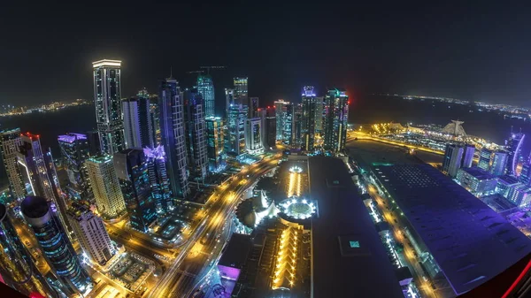 Panorama West Bay Vrcholu Dauhá Timelapse Katar Osvětlené Moderní Mrakodrapy — Stock fotografie