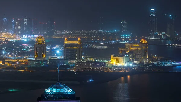 Vue Aérienne Nuit Vers Pearl Qatar Timelapse Depuis Sommet Est — Photo