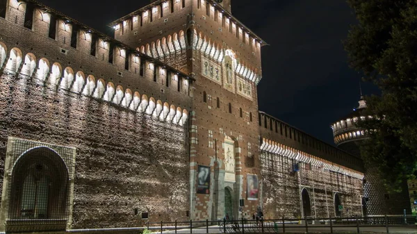 Entrada Principal Castillo Torre Sforza Castello Sforzesco Iluminado Por Noche — Foto de Stock