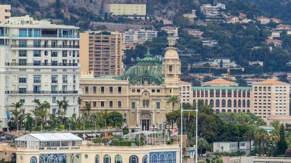 Egyik Oldalán Monte Carlo Kaszinó Timelapse Légi Felülnézet Port Hercule — Stock Fotó