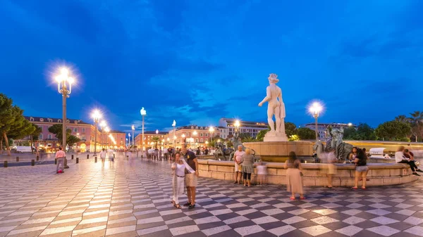 Fontana Del Soleil Piazza Massena Bella Giornata Notte Timelapse Transizione — Foto Stock