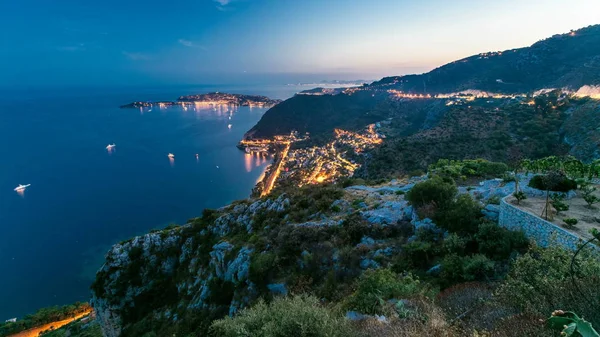 Day Night Transition Timelapse View Mediterranean Coastline Boats Medieval Houses — Stock Photo, Image