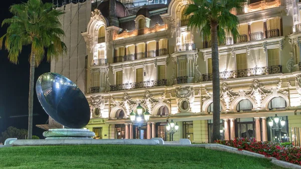 Praça Casino Com Palmas Fonte Noite Timelapse Monte Carlo Mônaco — Fotografia de Stock