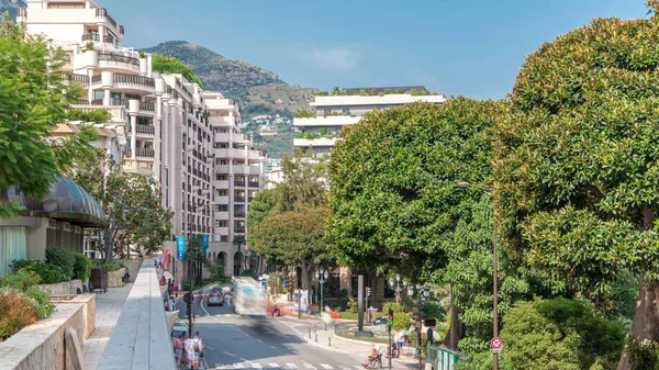 Fontana Acqua Giardini Timelapse Vicino Monte Carlo Casino Traffico Strada — Foto Stock