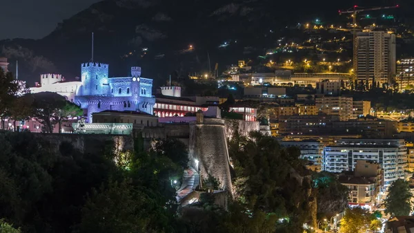 Palais Princier Monaco Illuminé Par Nuit Timelapse Avec Terrasse Observation — Photo