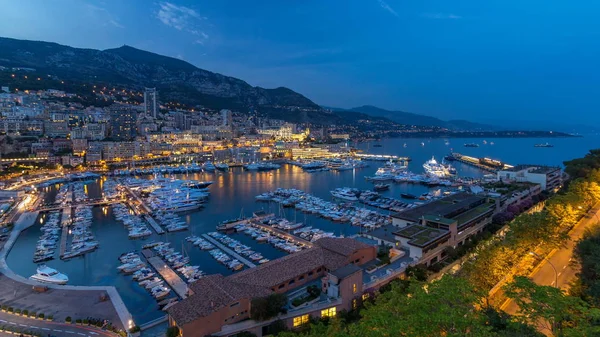 Мбаппе Днем Ночью Переходит Монако Порт Геркулес Здания Освещением Яхты — стоковое фото