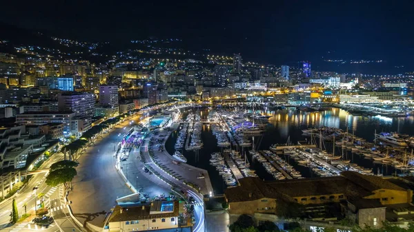 Panorama Monte Carlo Timelapse Hyperlapse Night Observdeck Village Monaco Port — стоковое фото