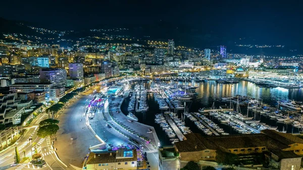 Panorama Monte Carlo Timelapse Night Observdeck Village Monaco Port Hercules — стоковое фото