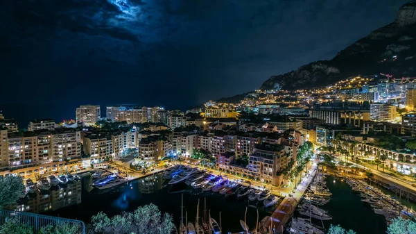 Ночной Вид Фонтвейт Новый Район Монако Лодки Яхты Порту Многоэтажный — стоковое фото