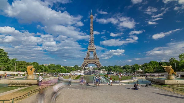 Fuentes Famosa Plaza Trocadero Con Torre Eiffel Hiperlapso Timelapse Fondo — Foto de Stock