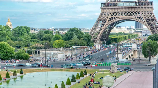 Szökőkutak Híres Tér Trocadero Eiffel Torony Háttérben Timelapse Trocadero Eiffel — Stock Fotó