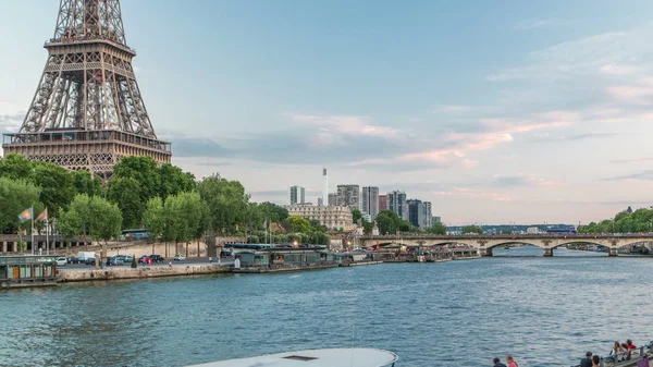 Torre Eiffel Puente Jena Sobre Río Sena Día Noche Timelapse — Foto de Stock