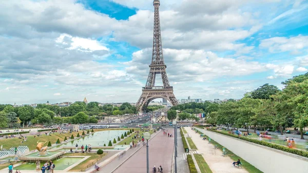 Fonteinen Het Beroemde Plein Trocadero Met Eiffeltoren Achtergrond Timelapse Trocadero — Stockfoto