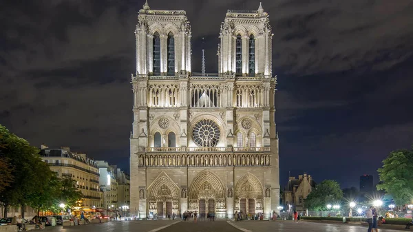 Night View Illuminated Notre Dame Paris Timelapse France Square Front — Stock Photo, Image