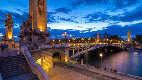Alexandre Bridge Paris Night Illumination Day Night Transition Timelapse Grand — Stock Photo, Image