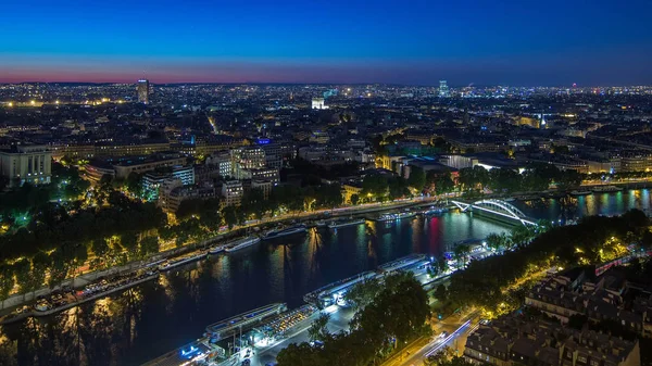 Aerial Night Timelapse Kilátás Paris City Szajna Folyó Forgatott Tetején — Stock Fotó