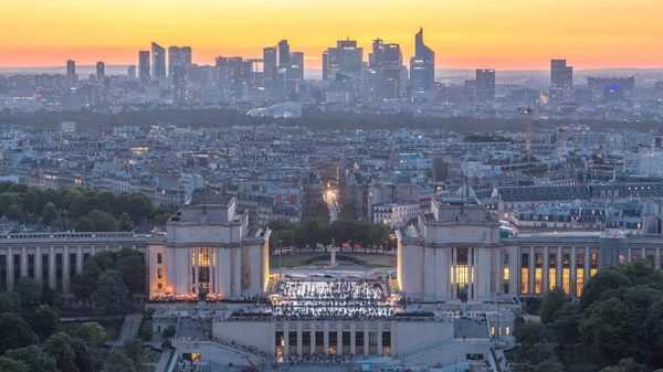 Havadan Görünümü Trocadero Gün Gece Geçiş Timelapse Palais Chaillot Eyfel — Stok fotoğraf