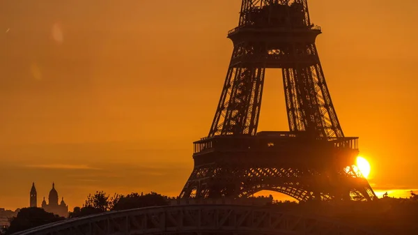 Eiffeltoren Zonsopgang Timelapse Met Boten Seine Rivier Parijs Frankrijk Uitzicht — Stockfoto