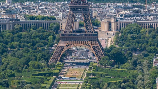 Vista Aérea Torre Montparnasse Com Torre Eiffel Timelapse Champ Mars — Fotografia de Stock