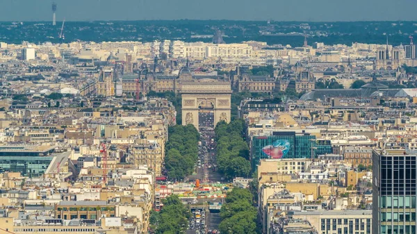 Вид Повітря Париж Тріумфальна Арка Шахами Elysee Timelapse Вершини Хмарочосів — стокове фото