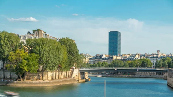 Töltés Szajna Közelében Notre Dame Saint Louis Híd Timelapse Naplemente — Stock Fotó