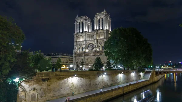 Noční Pohled Osvětlený Notre Dame Paris Timelapse Hyperlapse Francie Pohled — Stock fotografie