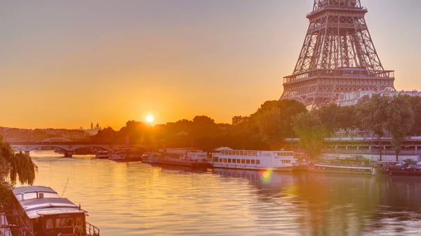 Eiffel Torony Szajna Folyó Sunrise Timelapse Párizs Franciaország Reggeli Kilátás — Stock Fotó