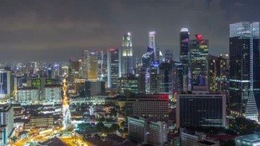 Chinatown ve Singapur Downotwn gece timelapse havadan görünümü