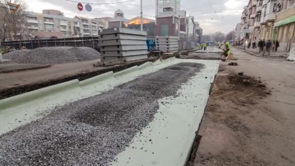 工程推土机在公路 timelapse 的施工 — 图库视频影像