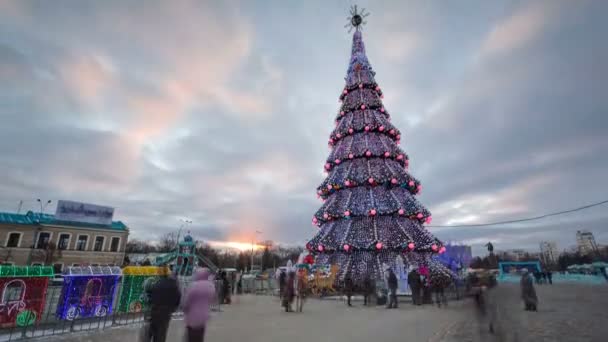 ハリコフ、ウクライナの自由広場タイムラプスで都心のクリスマス ツリー. — ストック動画