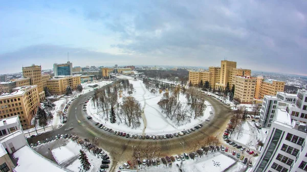 Kharkiv Város Felülről Timelapse Téli Este Légi Felvétel Város Központ — Stock Fotó