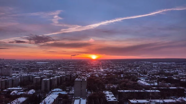Miasta Góry Zachód Słońca Zima Timelapse Widok Lotu Ptaka Centrum — Zdjęcie stockowe