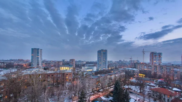 Miasta Góry Dzień Nocy Przejścia Timelapse Zimie Widok Lotu Ptaka — Zdjęcie stockowe