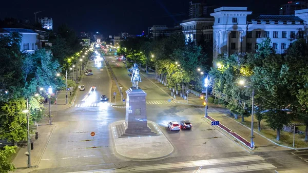 Şehir Kurucusu Hava Gece Timelapse Kazak Kharko Anıtı Nauki Prospekt — Stok fotoğraf