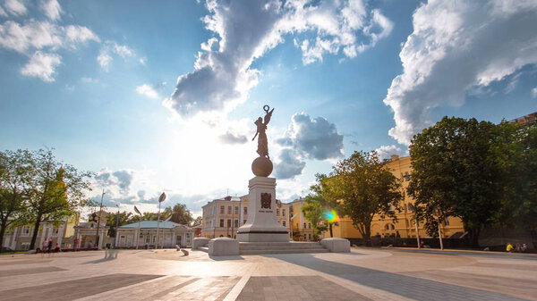 Square of Constitution timelapse hyperlapse in the city center with historic architectural ensemble and notable landmarks in Kharkov.