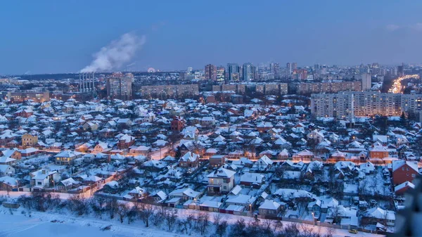 Kharkiv Staden Ovanifrån Dag Till Natt Övergång Timelapse Vintern Flygfoto — Stockfoto