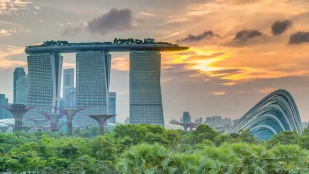 Marina Bay Sands, ogrody nad zatoką z Chmura Las, kwiat, kopuły i supertrees na zachód timelapse — Wideo stockowe