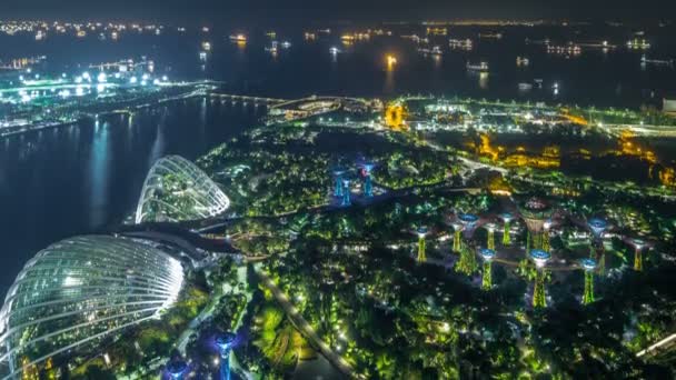 Eine Luftaufnahme von Gärten an der Bucht und Industrieschiffen im Zeitraffer im Hafen von Singapore. — Stockvideo