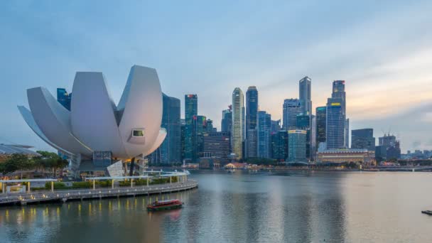 Fütüristik mimarisi çiçek şekil tasarım ön plan gün sanat bilim müzesinde gece timelapse ve gökdelenler manzarası city, Singapore. — Stok video