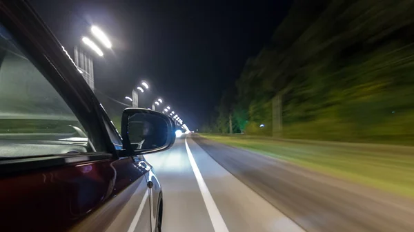 Drivelapse Side Car Moving Night Highway Timelapse Hyperlapse Road Lights — Stock Photo, Image