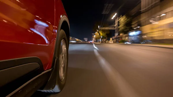 Drivelapse Side Fast Car Moving Night Avenue City Timelapse Hyperlapse — Stock Photo, Image